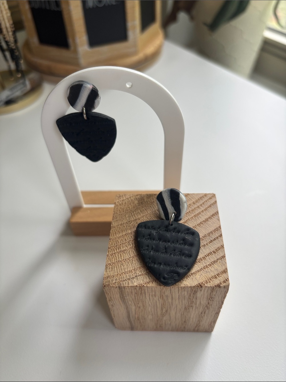 Handcrafted Black Polymer Clay Drop Earrings by